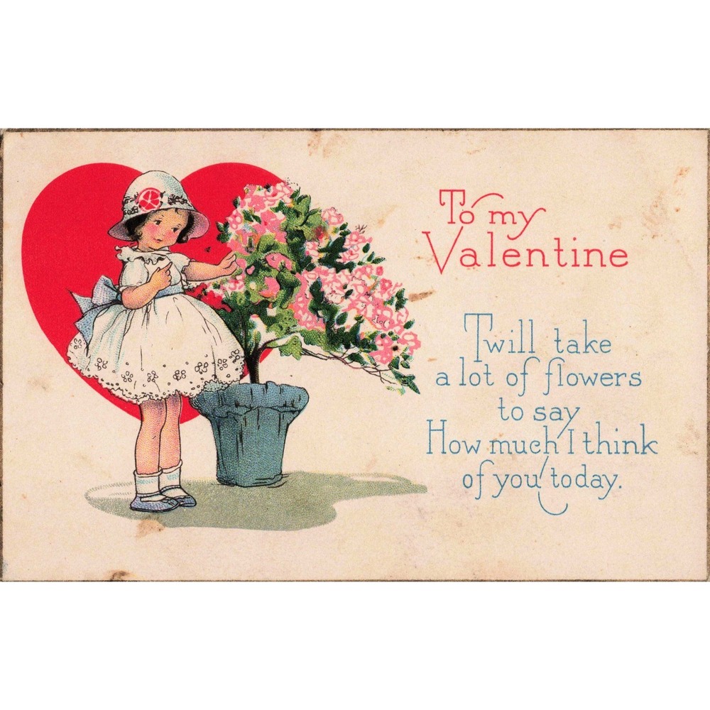 Valentine Postcard 1932 Girl Pink Flowers Series 1662B Massillon Ohio